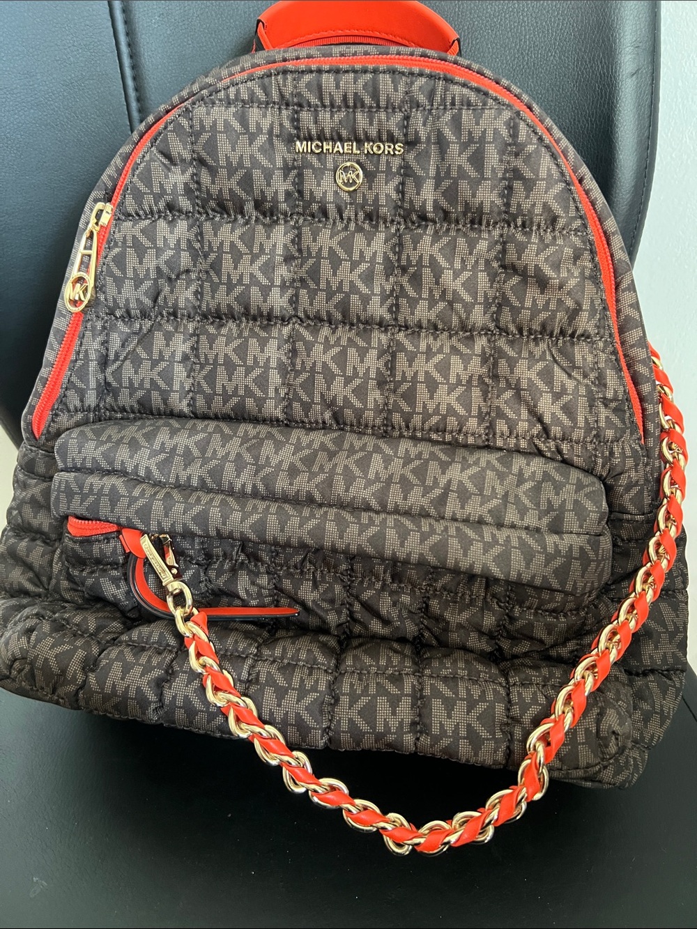 Michael Kors Brown MK Quilted Backpack with Red Trim and Gold Hardware - Picture 1 of 3